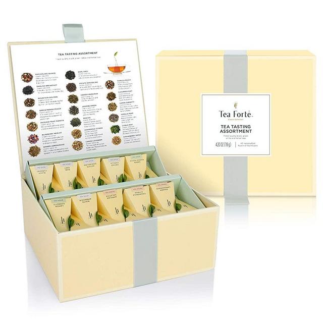 Tea Forte Organic Assorted Variety Tea Sampler, Tea Tasting Tea Chest Gift Box with 40 Handcrafted Pyramid Tea Infuser Bags, Black Tea, Herbal Tea, Oolong Tea, Green Tea, White Tea
