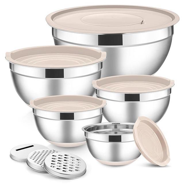 E-far Stainless Steel Mixing Bowls with Lids Set, 5-Piece Nesting Salad Bowls with 3 Grater Attachments and Non-Slip Bottoms, Size 4.6, 2.6, 2, 1.5, 1QT for Kitchen (Khaki)