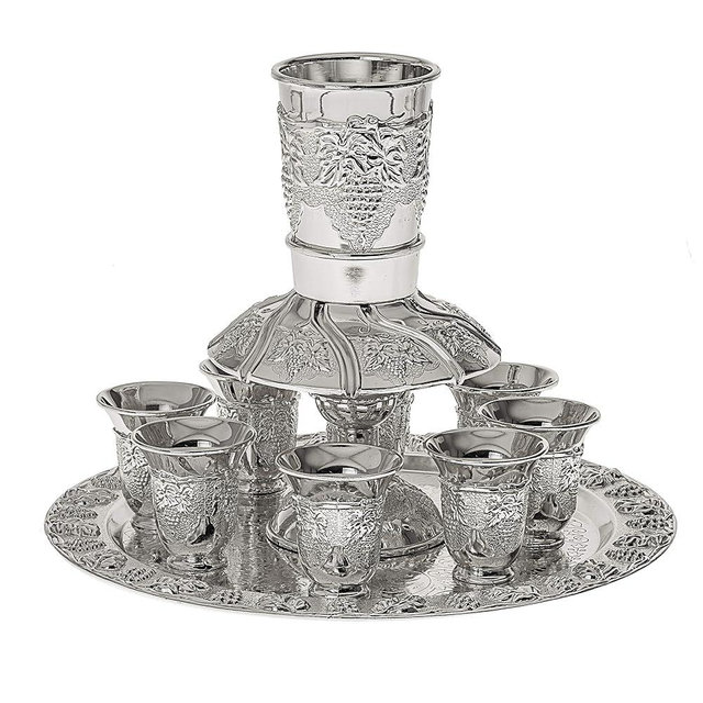 Jerusalem Motifs Silver Plated 6 Cup Kiddush Wine Fountain