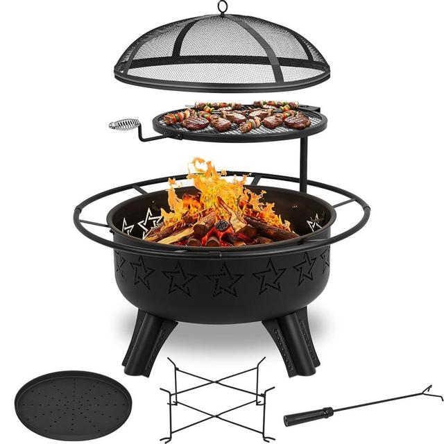 Gbekery 31" 2-in-1 Wood Burning Fire Pit with Swivel BBQ Grills & Spark Screen for Outside - Heavy Duty Outdoor Firepit with Charcoal Pan, Log Rack & Poker - for Backyard, Patio, Garden Bonfire