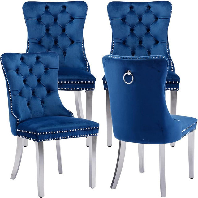 ODUSE-DAILY Blue Velvet Dining Chairs Set of 4, Kitchen & Dining Room Chairs Set of 4, Tufted Dining Chairs, Velvet Upholstered, Chrome Metal Legs (Blue, 4Pcs)