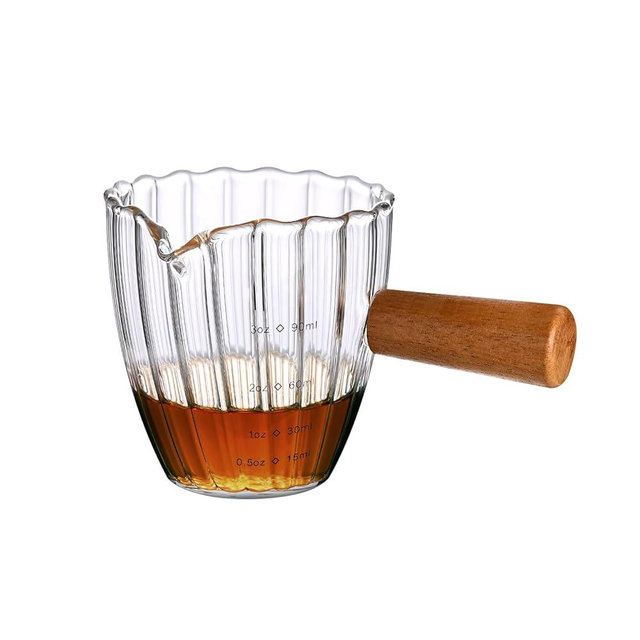 Denovin Glass Measuring Cup, 3oz Espresso Cups with Wood Handle, Shot Glasses with V-Shaped Mouth, Measuring Cups Pitcher Milk Cup for Coffee (Transparent Ribbed)