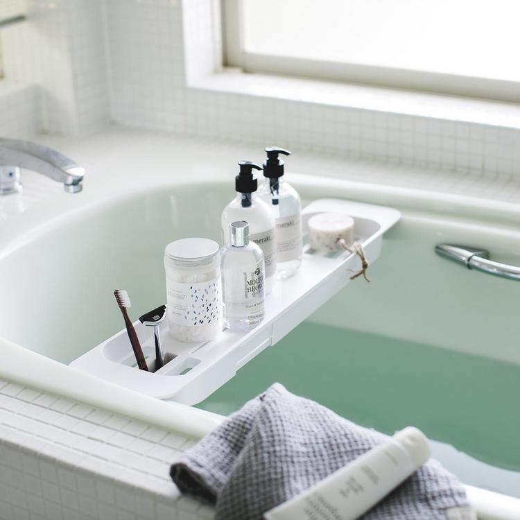 Bathtub Tray Caddy - Foldable Waterproof Bath Tray & Bath Caddy - Wooden  Tub Organizer & Holder - Expandable Size, Fits Most Tubs