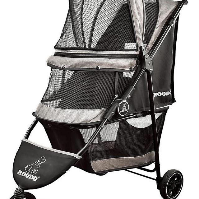 ROODO Escort 3Wheel Dog Stroller Cat Stroller Pet Stroller for Small Dogs and Cats,with Removable Liner Storage Basket and Cup Holder,Lightweight Pet Gear Foldable Jogger Travel System(Grey)