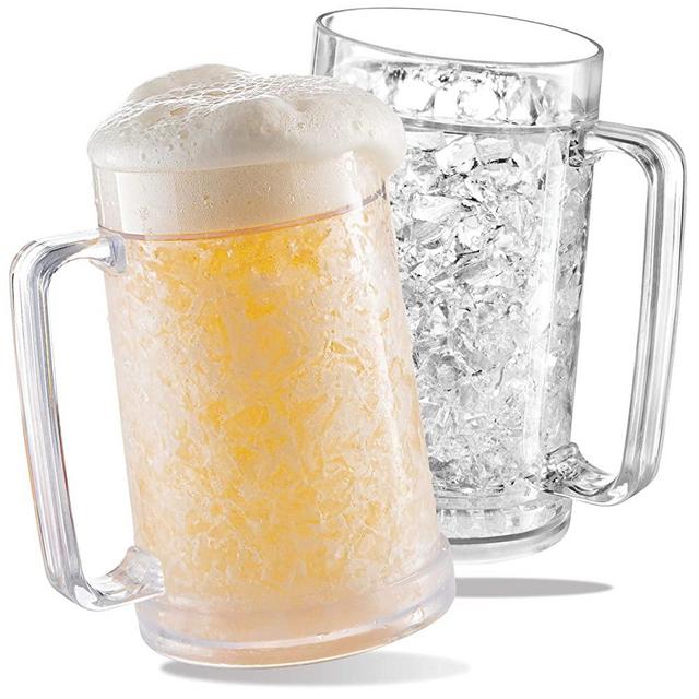 Freezer Beer Mugs, Double Wall, Insulated Gel Plastic Pint Freezable Glasses, 16 oz, Clear 2 pack , Chiller Frosty Cup, Frozen Ice Mug, Freezer Cups