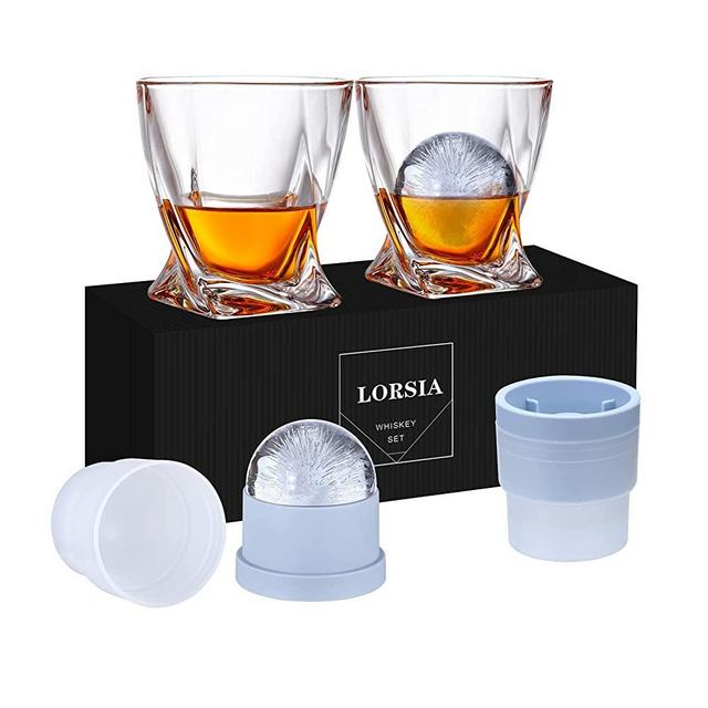 Whiskey Rocks Glass , Set of 4 ( 2 Crystal Bourbon Glasses , 2 Round Big Ice Ball Molds ) In Gift Box - 11 Oz Old Fashioned Glasses for Scotch Cocktail Rum Cognac Vodka Liquor, Unique Gifts for Men