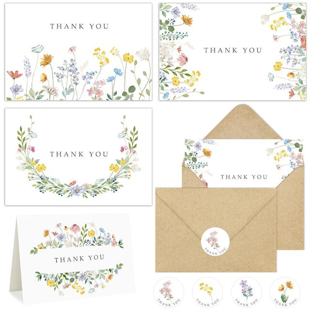 Hidreas 100 Pack Floral Thank You Cards with Envelopes, Watercolor Wildflowers Thank You Notes with Kraft Envelopes Sticker for Birthday Wedding Baby Shower Bridal Shower Teachers Graduation, 4 x 6 Inch