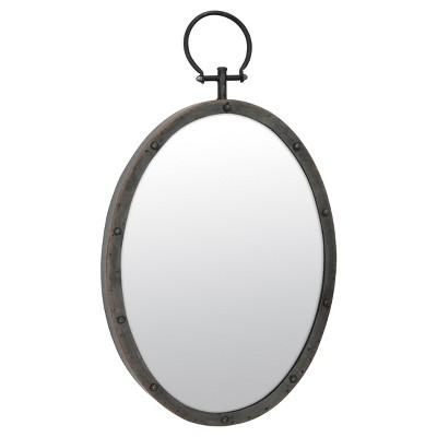 Oval Wall Mirror with Ring & Rivet Trim Dark Gray Metal