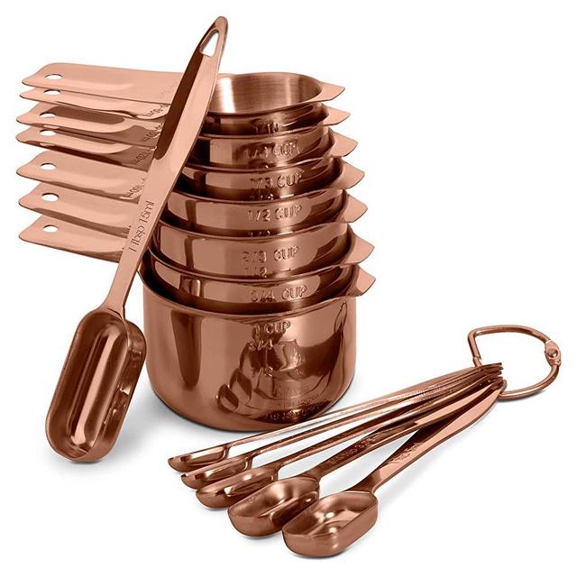13-piece Measuring Cups and Spoons Set, 18/8 Stainless Steel Heavy Duty Ergonomic Handle with Ring Connector, Rose Gold