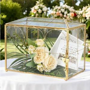 Glass Card Box with Slot, Small Gold Clear Card Box for Wedding Receptions - Home Birthdays Party Geometric Decorative, 9.84" x 5.9" x 8.27"
