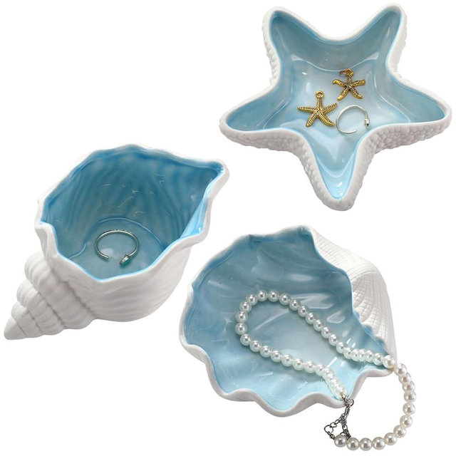 Teenyyou 3 Pcs Ceramic Conch Shell Jewelry Dish Tray Ear Ring Holder Jewelry Plate Key Bowl for Room Vanity Decor Accessory(Blue)