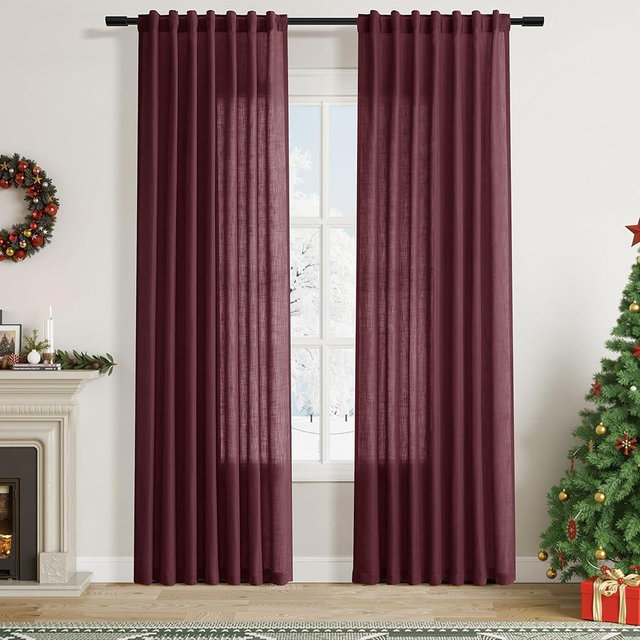 Nanspring Burgundy Linen Curtains 84 Inch Length 2 Panels Set for Living Room Rod Pocket Back Tab Light Filtering Window Drapes for Bedroom Dining Room Protect Privacy Modern Farmhouse Decor 52x84