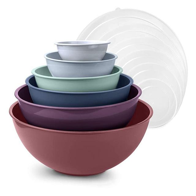 Cook with Color Mixing Bowls with Lids - 12 Piece Plastic Nesting Bowls Set includes 6 Prep Bowls and 6 Lids, Microwave Safe Mixing Bowl Set (Multicolored Set with Large Blush Bowl)