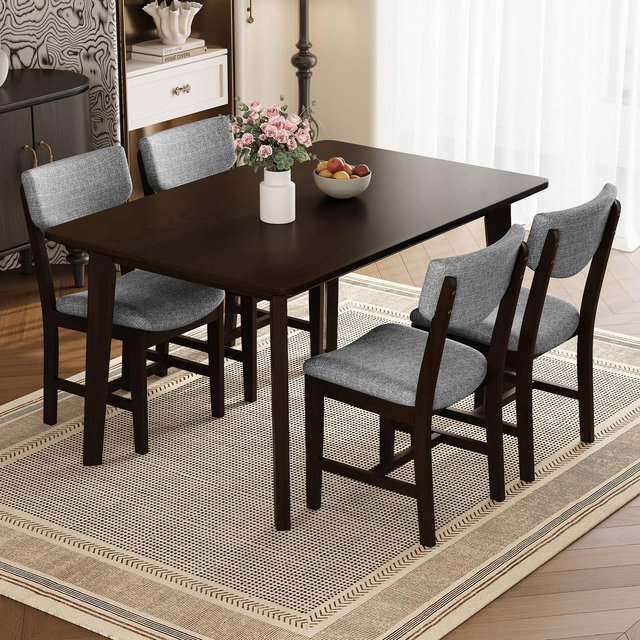 5 Piece Dining Table Set Dining Set for 4, Classic Kitchen Furniture Set with 4 Padded Dining Chairs, Minimalist Farmhouse, Espresso - ModernLuxe