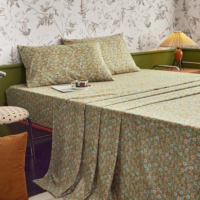 Wake In Cloud - Shabby Chic Bed Sheets, 4-Piece Sheet Set, Floral Flower Pattern Printed Country Coquette Cottage Aesthetic Bedding, Deep Pocket, Olive Green, Full Size