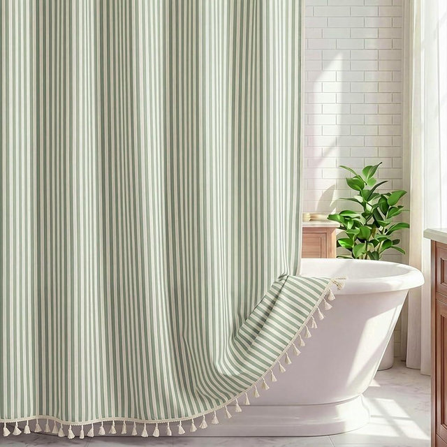 HunnmingRe Farmhouse Striped Shower Curtain with Tassel 72 x 72 Inch Faux Linen Vintage Rustic Boho Stripe Shower Curtain with 12 Hooks for Bathroom Bathtubs Natural Decor(Sage Green,Tasseled)