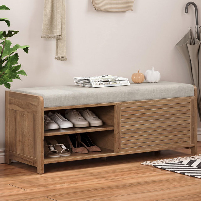 43.3" Shoe Storage Bench, Entryway Storage Bench with Seat Cushion, Wood End of Bed Bench With Sliding Door for Entryway Living Room Bedroom Brown