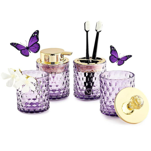 Purple Bathroom Accessories, 4Pcs Purple Bathroom Accessory Set Complete, Toothbrush Holder Set, Soap Dispenser, Qtip Holder, Tumbler, Perfect for Bathroom Decor and Vanity