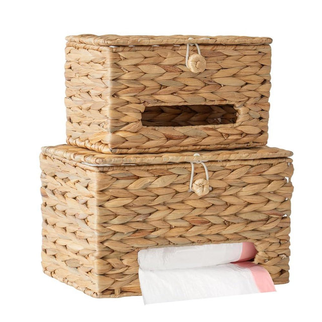 HYVAKUPPA 2Pack Wicker Trash Bag Holder Dispenser for 13-33 Gallon with Lid Wall Mount Natural Water Hyacinth Handwoven Garbage plastic Bags Holder Grocery Storage Organizer Cabinet for Kitchen