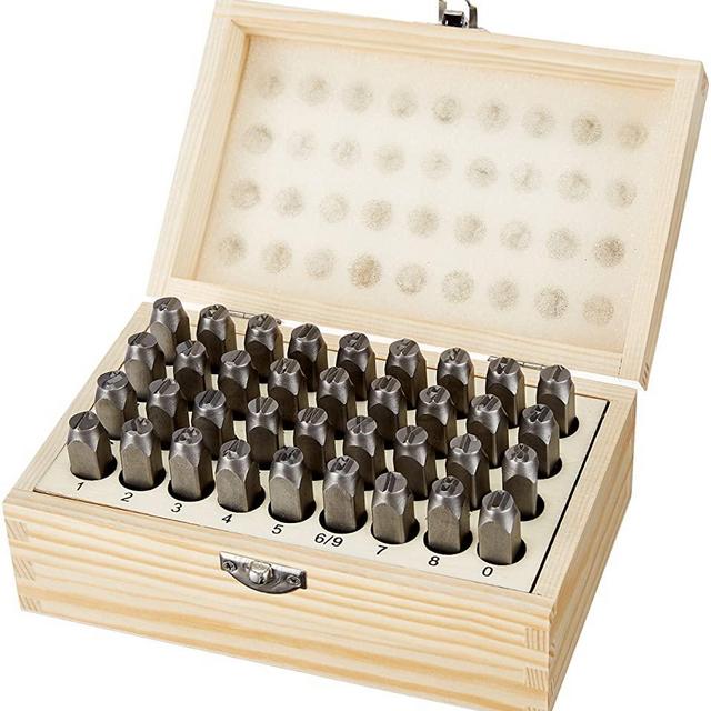 Amazon Basics Metal Alphabet And Number Stamp Kit Tools Set With Wood Box - 5/16 Inch