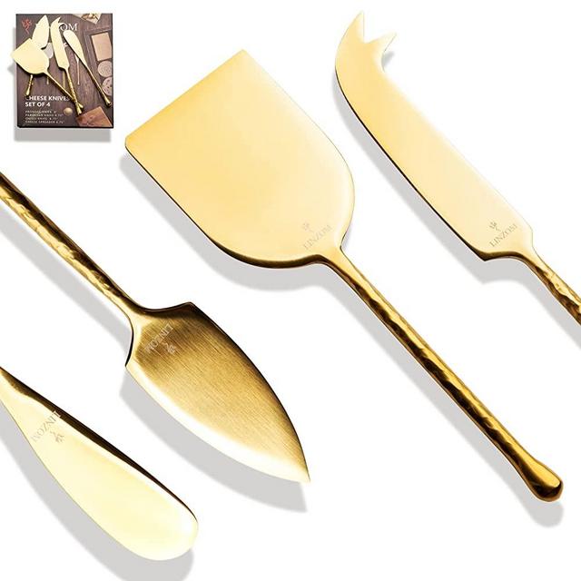 LINZOM Gold Cheese Knives, Gold Cheese Knife Set for Charcuterie Board, Hand Forged Gold Charcuterie Utensils, Set of 4