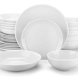 MALACASA 24-Piece Gourmet Porcelain Dinnerware Sets, Modern White Round Dish Set for 6 - Premium Serving Plates and Bowls Sets for Dessert, Salad, Soup, Pasta - Series AMELIA