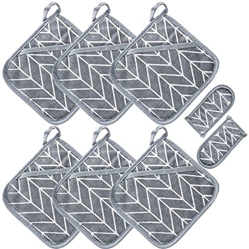 Win Change Heat Resistant Potholders Hot Pads-6 Kitchen Pot Holders Set with 2 Pan Hot Handle Holders Trivet for Cooking and Baking,with Recycled Cotton Infill Terrycloth Lining(Grey,8 Piece)