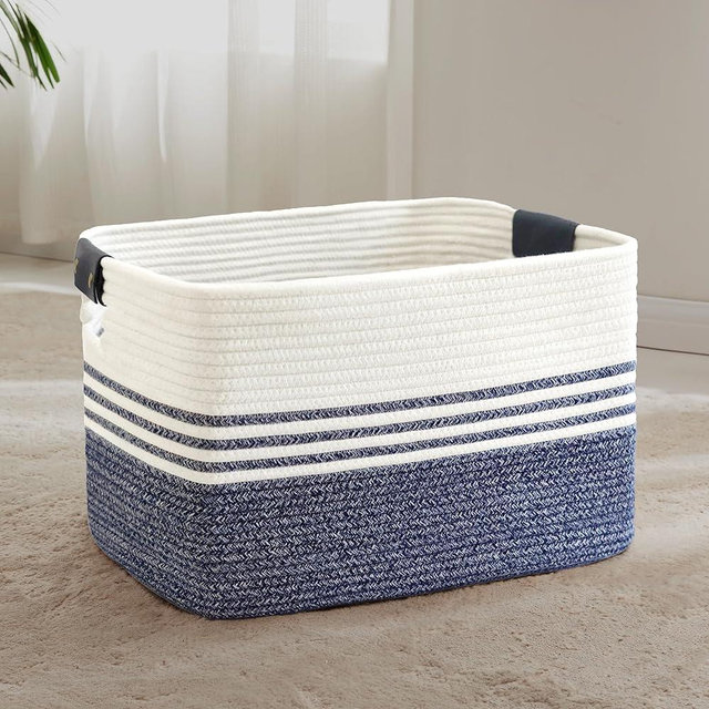 SunNewt 72L Large Laundry Basket with Leather Handles for Living Room Storage, Woven Rope Baskets Bin for Blanket, Kids Toy, Gifts, Wicker Hamper for Bedroom Dirty Clothes, 22"x17"x12" Denim Blue