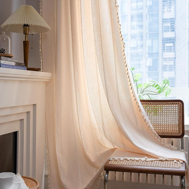 Sutuo Home Champagne Boho Curtains for Bedroom Living Room Kitchen, Semi Blackout Linen Farmhouse Shabby Chic Tassels Window Treatment Bohemian Embroidery Drape, Rod Pocket 1 Panel 52" W x 96" L