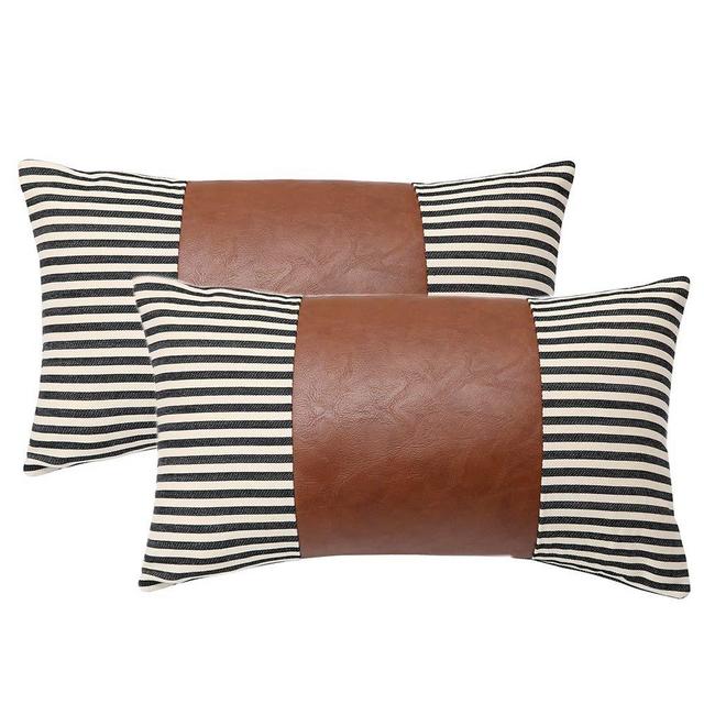 Kiuree Faux Leather Lumbar Pillow Cover Set of 2 Neutral Ticking Stripe Pillow Covers 12x20 Boho Farmhouse Small Decorative Pillows for Bed Couch Accent Pillows(Black)