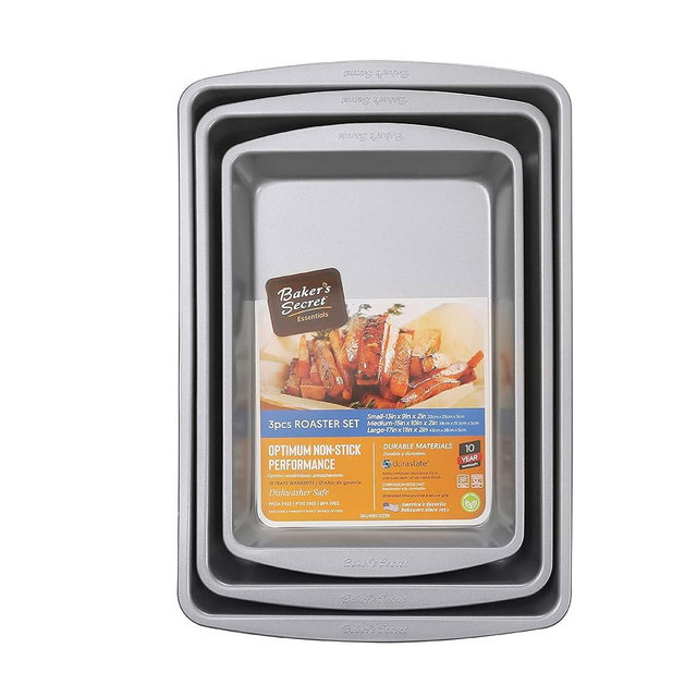 Baker's Secret Set of 3 Roaster, 14" 16" 18", Carbon Steel with Nonstick Coating for Easy Release, Cookie Trays for Baking Roasting Cooking, Dishwasher Home Baking Supplies