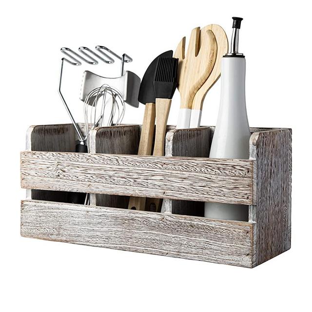 Farmhouse Utensil Organizer for Kitchen Countertop - Wooden Utensil Crock with 3 Large Storage Compartments & Hanging Option - Rustic Spatula Holder Caddy in Distressed White - Size