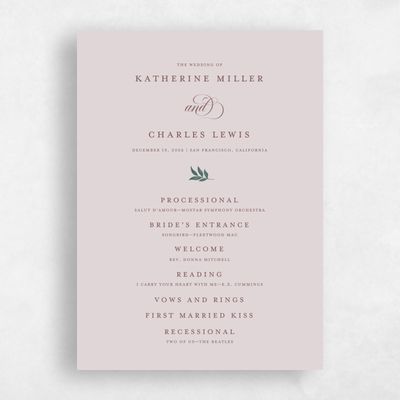 Lavender Mist, Pink Wedding Program - Willow