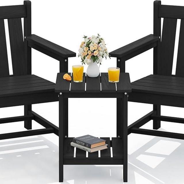 SEWRWALL 3 Pieces Patio Bistro Set, All Weather Adirondack Chair Set with Side Table, HDPE Material Outdoor Patio Furniture Set for Balcony, Porch, Garden, Backyard- Black
