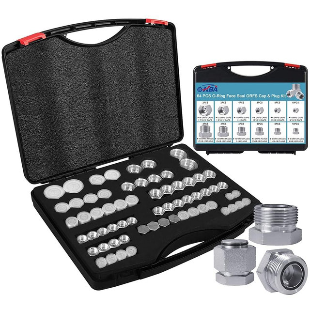 64pcs O-Ring Face Seal ORFS Cap & Plug Kit,Hydraulic ORFS Cap and Plug,Flat face Hydraulic Hose Tube Pipe Fittings Kit Set with Precision Threaded,Sizes-04 06 08 10 12 16