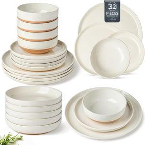 AmorArc 32 Pieces Ceramic Dinnerware Sets for 8, Handpainted Plates and Bowls Set with Rustic Terracotta Underside, Scratch Resistant Stoneware Dishes Set, Dishwasher & Microwave Safe, Light Beige