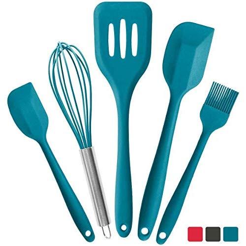 StarPack Premium Silicone Kitchen Utensils Set (5 Piece) - High Heat Resistant to 600°F, Hygienic One Piece Design Large and Small Spatulas, Whisk & Basting Brush (Teal Blue)