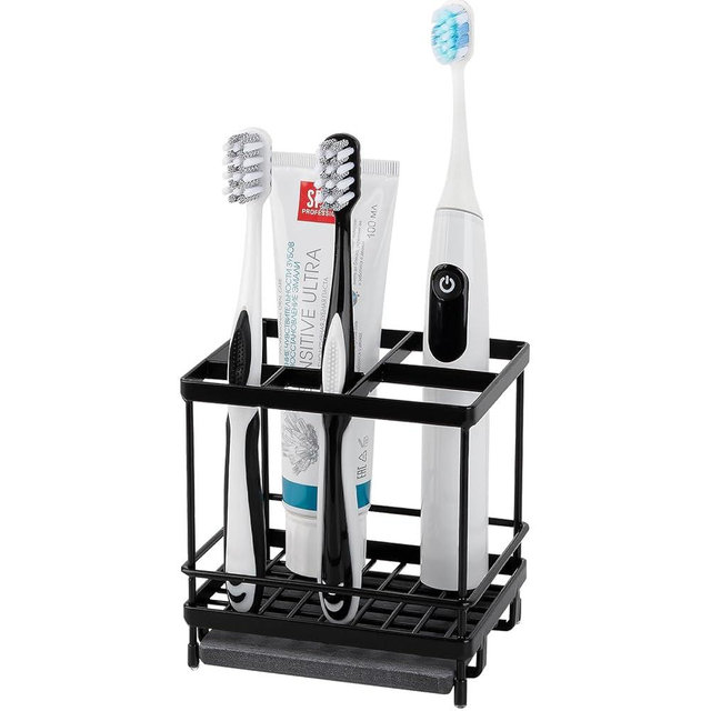 Carbon Steel Toothbrush Holders for Bathrooms, 5 Slots Kids Electric Tooth Brush and Toothpaste Organizer for Countertop, Shower, Vanity, Black