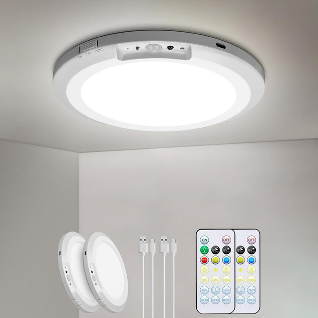 HLCZLUZ Rechargeable Motion Sensor Ceiling Light Indoor Outdoor w/Remote, 7.08 Inch Battery Operated Flush Mount Ceiling Light 3000K 4000K 6000K 400LM Dimmable for Closet Hallway Laundry Stairs (2)
