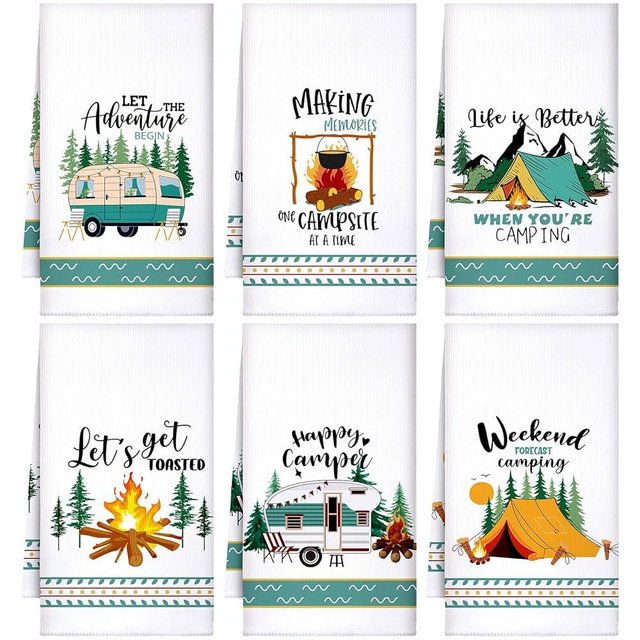 Set of 6 Camping Kitchen Towels White Absorbent Dish Towels Bonfire Tent Car Tea Towels 24 x 16 Inches with Funny Sayings Novelty Gifts for Campers Happy Camper Camping Accessories for RV Campers