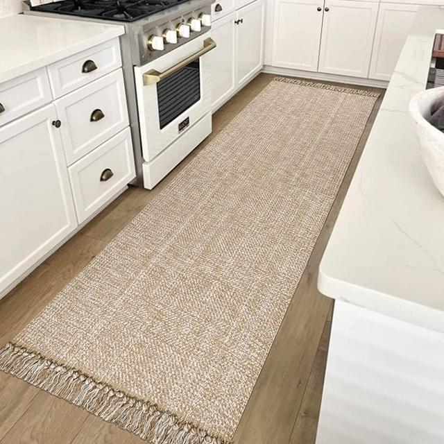 Collive Long Hallway Runner Rug 2.6' x 7', Washable Runner Indoor Entryway Rug, Tan/Cream Braided Woven Kitchen Runner Rugs Low-Profile Front Door Floor Carpet for Laundry Room Bedroom Doorway