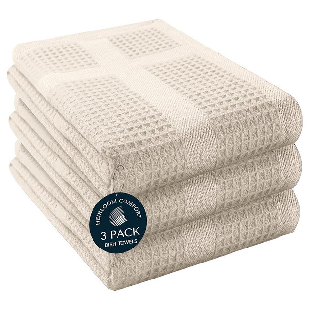 HEIRLOOM COMFORT Waffle Weave Kitchen Towels with Hanging Loop, 3 Pack, 100% Cotton, 16"x26", Super Absorbent, Fast Drying Dishcloth Set, Soft for Cleaning Dishes, Hand Towel, Durable, Ivory