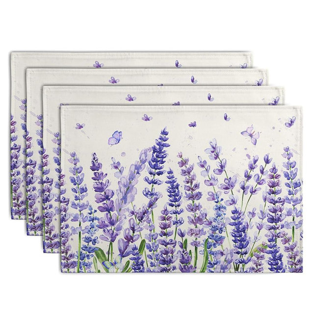 Lavender Placemats Set of 4 Purple Flower Butterfly Linen Fabric Table Mats Seasonal Spring Summer Rustic Floral Placemat Farmhouse Decorative Washable Place Mats for Home Kitchen Dining Table