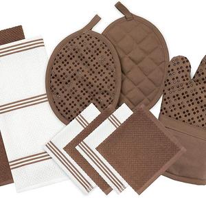 Sticky Toffee Silicone Printed Oven Mitt & Pot Holder, Cotton Terry Kitchen Dish Towel & Dishcloth, Brown, 9 Piece Set