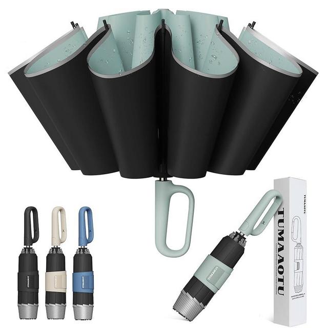 QWB TUMAAOTU Inverted Umbrella with Carabiner Handle, Wind Proof Umbrellas For Rain and Sun, 46 Inch Portable Reverse Folding UV Umbrella, Car Umbrella for Women Men, 10 Ribs