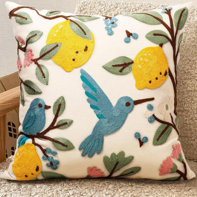 Kokaaee Embroidered Throw Pillow Cover 18x18 Inch - Spring Summer Boho Decorative Pillow Cover with Zipper for Living Room Couch Sofa Bed Aesthetic Design Bird Lemon Cushion Pillowcase
