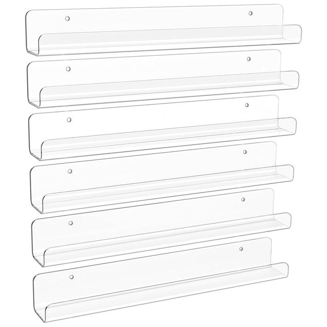 upsimples 6 Pack Clear Acrylic Shelves, 12" Nursery Bookshelves for Wall, Floating Bookshelf for Kids Baby, Vinyl Display, Record Holder, Magazine Rack, Picture Ledge Shelf