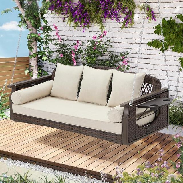 3 Seat Porch Swing, Wicker Patio Swing with Cup Holders & 3 Back Cushions, Yard Swing with Chains for Deck Garden Backyard,Brown Rattan,Beige Cushion,56-inch