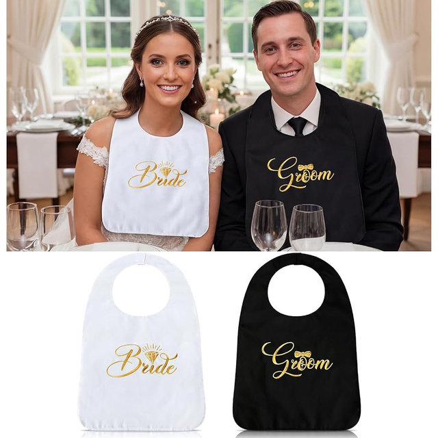 Chicingyou 2 Pcs Wedding Adult Bibs for Bride and Groom Gold Embroidered Clothing Protectors Gag Gifts Bibs Washable