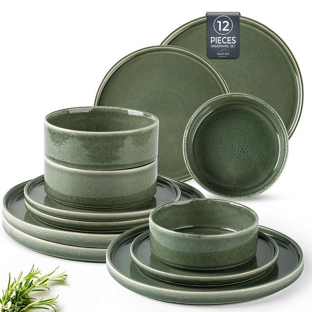 AmorArc Ceramic Dinnerware Sets, Handmade Reactive Glaze Stoneware Plates and Bowls Sets,Highly Chip and Crack Resistant | Dishwasher & Microwave Safe Dishes Set, Service for 4 (12pc)
